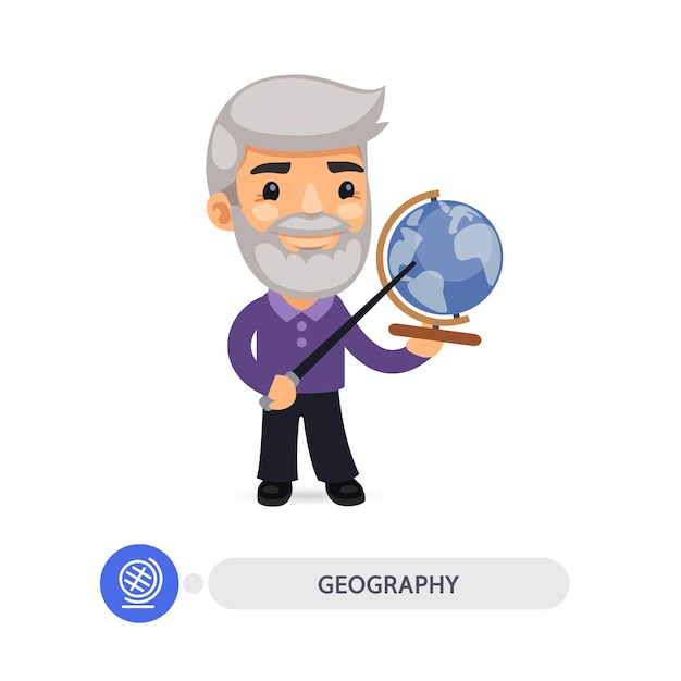 El profesor de geografía señala el globo terráqueo