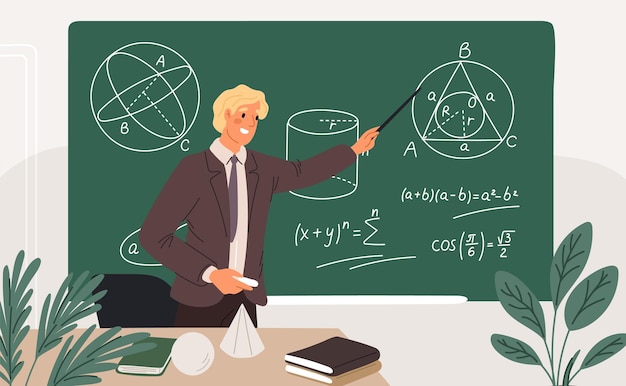 Profesor de geometría dando una conferencia Educación escolar Aprendiendo matemáticas Fórmulas y cálculos matemáticos en tiza blanca en la pizarra Profesor en la pizara Concepto vectorial de Garish