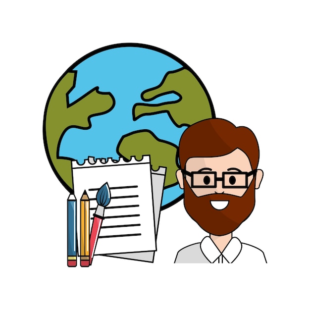 profesor con herramientas escolares y planeta global
