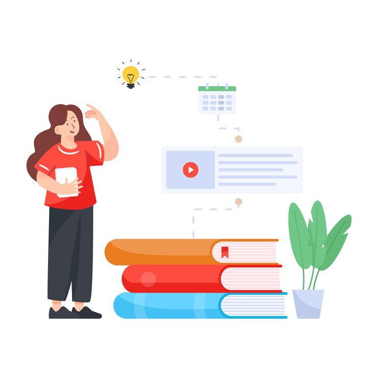 Vector un profesor de ilustración de aprendizaje combinado plano con libros que imparten conferencias en línea.