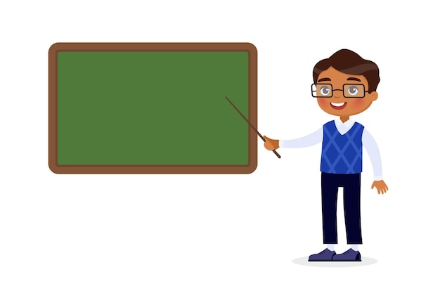 Profesor indio de pie cerca de la pizarra tutor sonriente apuntando a la pizarra en blanco