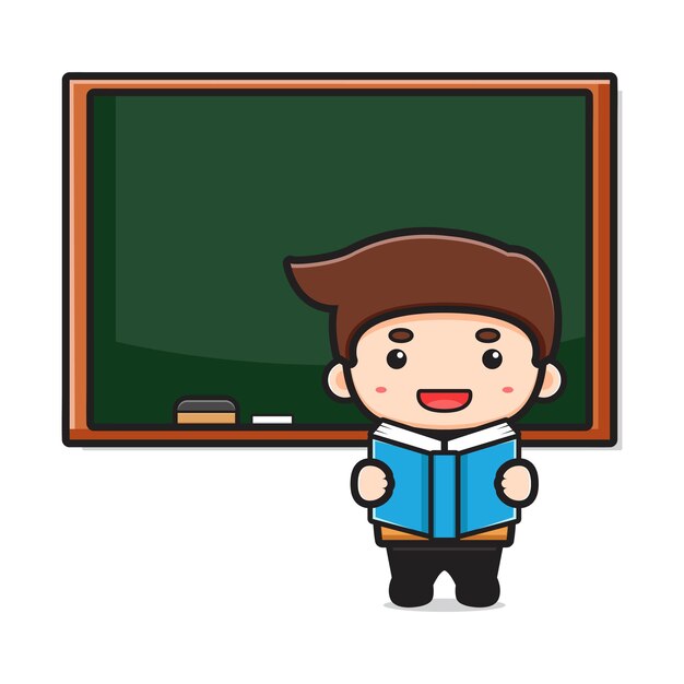 Profesor lindo en el aula señalando el ejemplo de la historieta del libro de lectura. Diseño aislado en blanco. Estilo de dibujos animados plana.