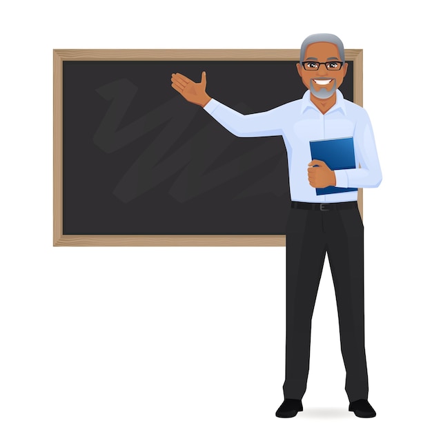Profesor maduro masculino en la pizarra con espacio de copia que muestra la ilustración vectorial