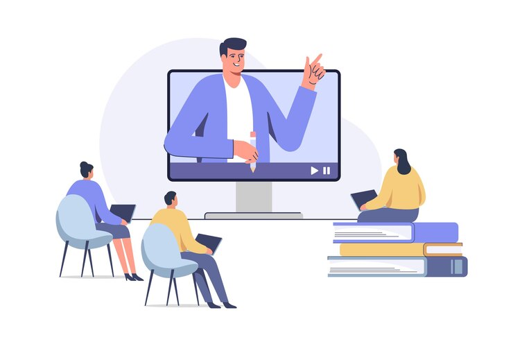 Vector profesor masculino conduce lecciones en línea curso de video seminario web clase de internet
