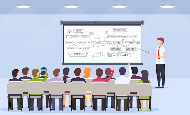 Profesor de persona de negocios enseña una conferencia sobre estrategia empresarial
