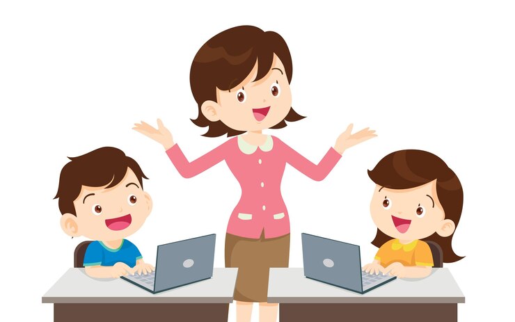 Vector profesor presentando aprendizaje por computadora y estudiantes niño niña sentada en clase