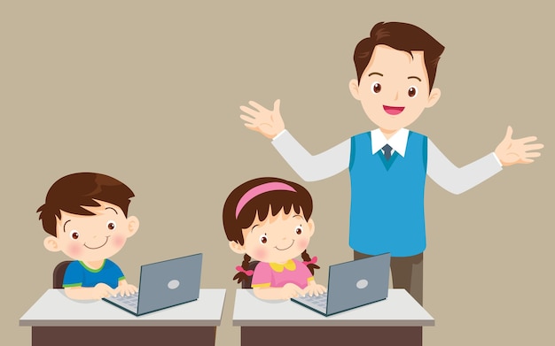 profesor presentando aprendizaje por computadora y estudiantes niño niña sentada en clase