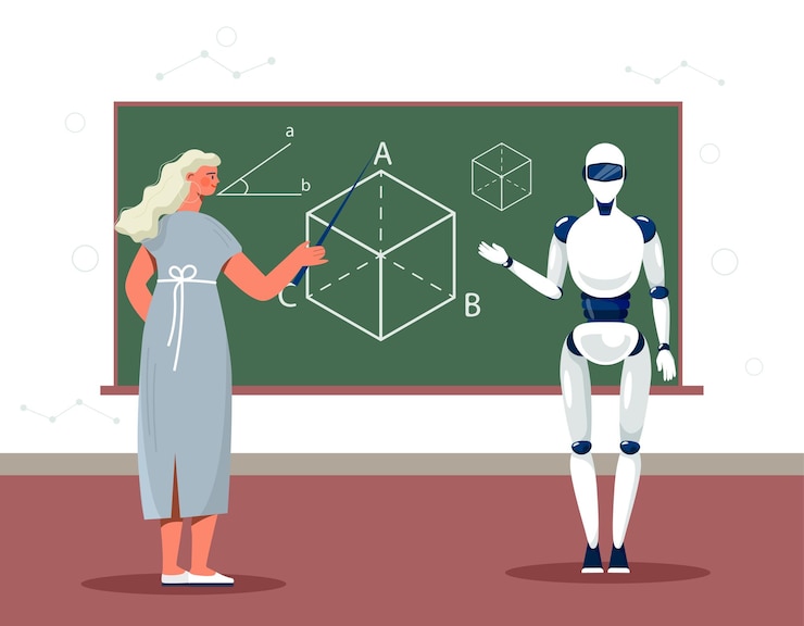 Vector profesor robot con concepto de pizarra inteligencia artificial y aprendizaje automático tecnologías e innovaciones modernas conocimiento y sabiduría aprendizaje y enseñanza ilustración de vector plano de dibujos animados