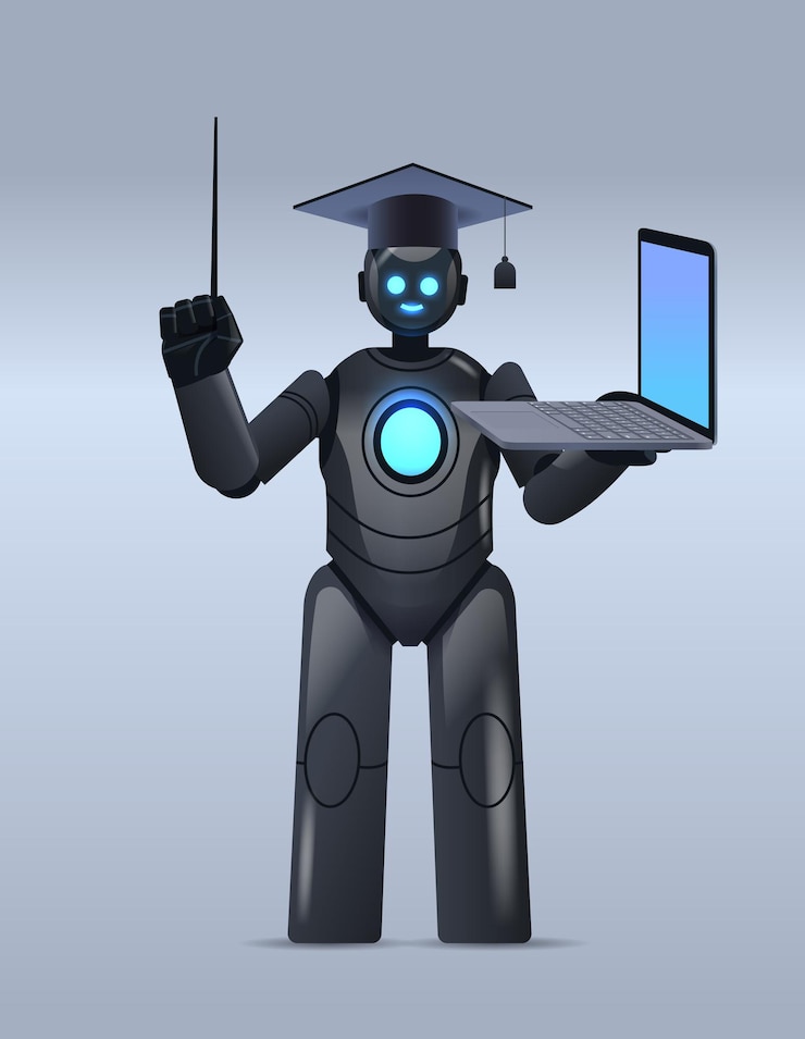 Vector profesor robot negro con gorra de graduación sosteniendo una computadora portátil, educación en línea, inteligencia artificial