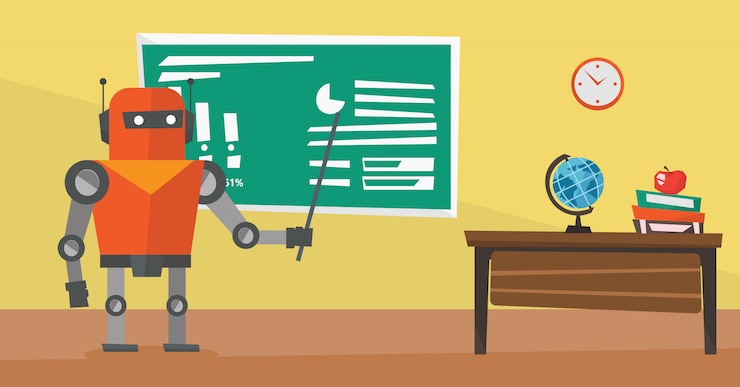 Vector profesor robot de pie con puntero en el aula.