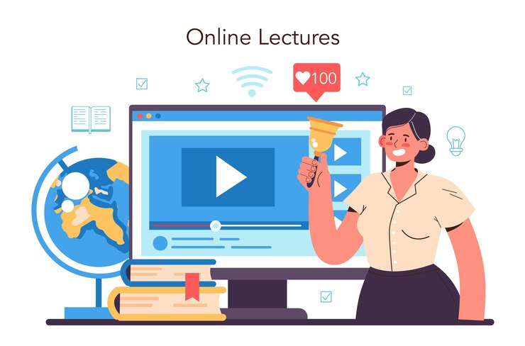 Vector profesor de servicio en línea o profesor de plataforma dando una lección en un aula