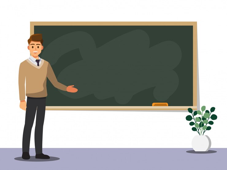 Profesor de sexo masculino joven en la lección en la pizarra en sala de clase