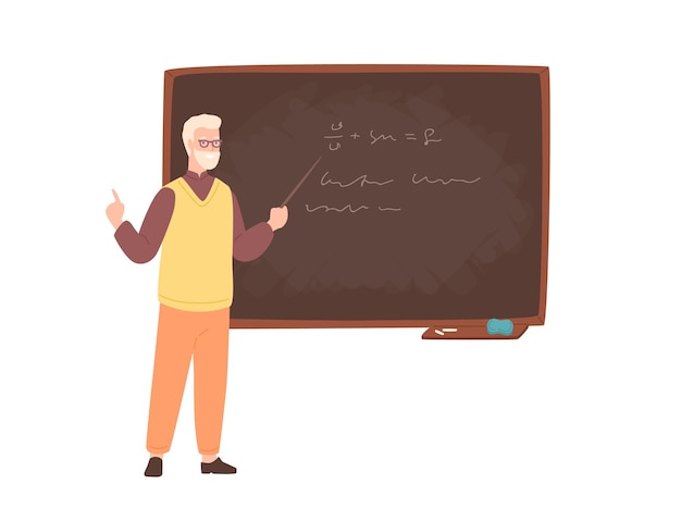 Profesor universitario de sexo masculino mayor, profesor universitario, conferenciante o trabajador educativo de pie junto a la pizarra, sosteniendo el puntero y enseñando. Ilustración de vector colorido en estilo de dibujos animados plana.