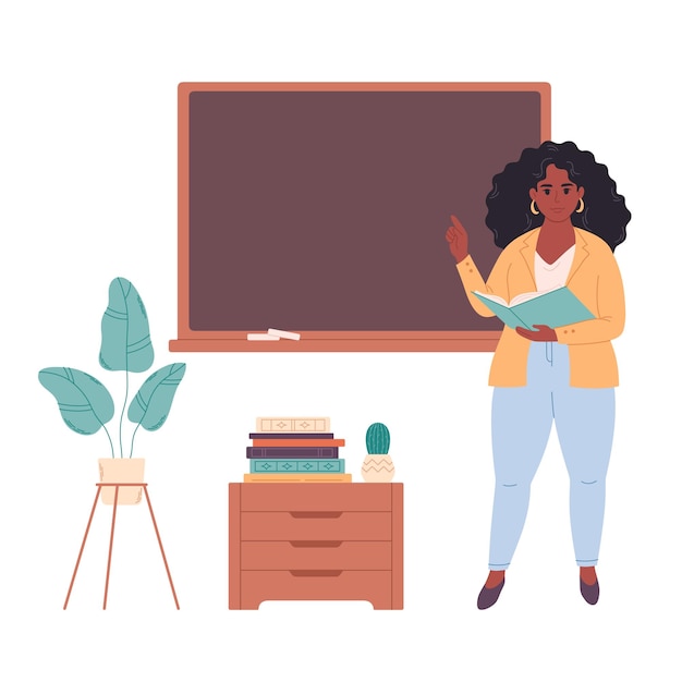 Profesora en el aula cerca de la pizarra Conferencia de educación y lección en la escuela