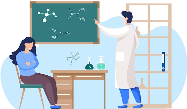 Profesora de ciencias, profesora de química, profesora de ciencias de pie cerca de la pizarra, estudiante de enseñanza en un aula de laboratorio en una escuela, colegio o universidad, mujer joven, personaje de dibujos animados sentada en una mesa.