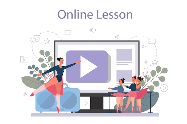 Profesora de danza o coreógrafa en plataforma o servicio online de estudio de danza Cursos de baile para niños y adultos. Lección online. Ilustración vectorial