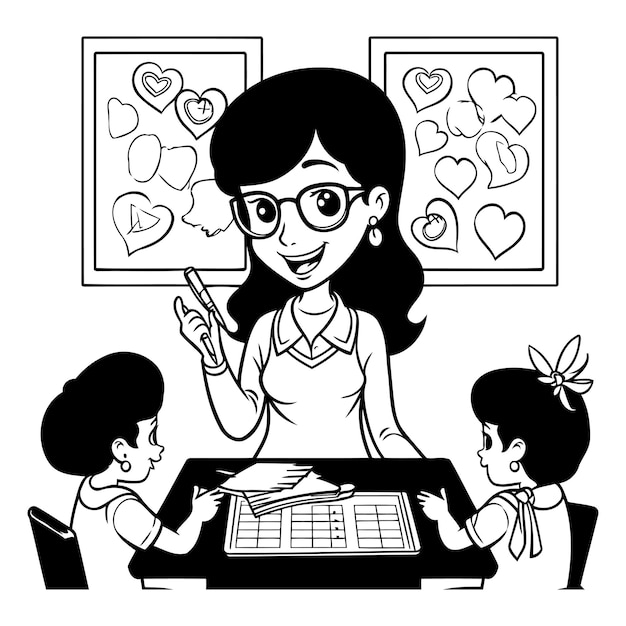 Vector profesora con niños diseño educación escolar aprendizaje conocimiento estudio y tema de clase ilustración vectorial