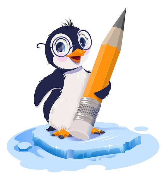 Profesora de pingüinos pájaros con gafas sosteniendo un lápiz grande
