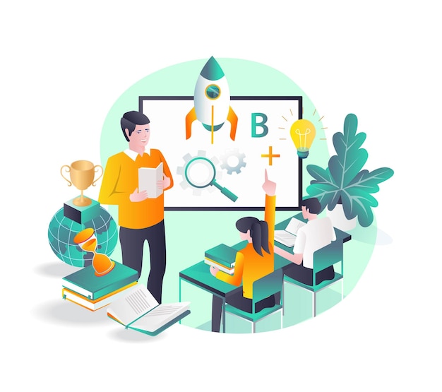 Profesores y alumnos que estudian en clase con lanzamiento de cohetes.