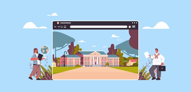 Profesores cerca del edificio de la escuela digital en la ventana del navegador web educación en línea