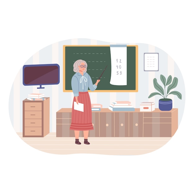 Profesores enseñando en clase profesores de pie en pizarrasAnciana en clases de enseñanza de inglés