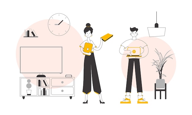 Profesores hombre y mujer Concepto de aprendizaje en línea Estilo lineal de moda Ilustración vectorial