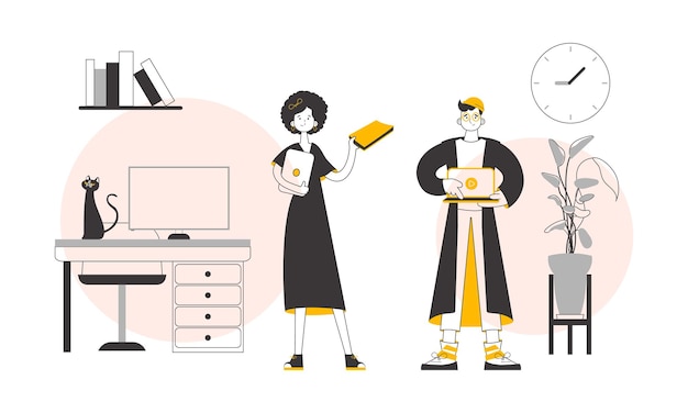 Profesores hombre y mujer Concepto de aprendizaje en línea Estilo lineal Vector
