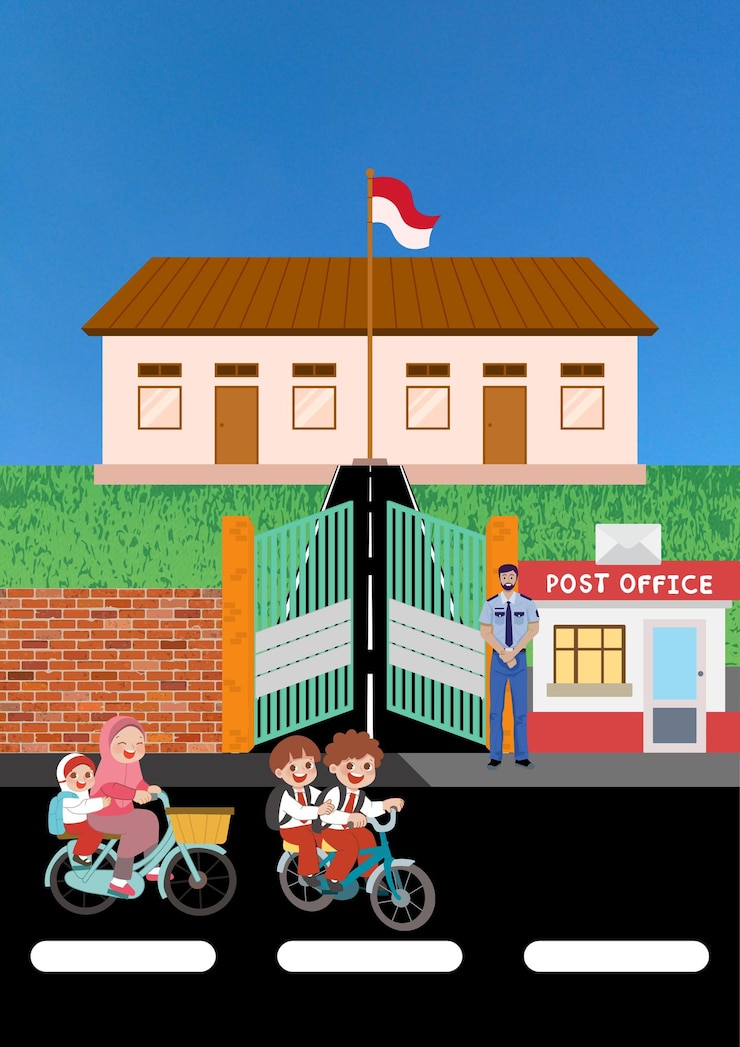 Vector profesores y niños en bicicleta en la escuela junto a los guardias de seguridad