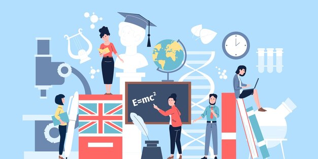 Profesores profesores escena Ciencia y educación investigación y enseñanza Libro de estudio estudiantil proyecto educativo concepto vectorial reciente
