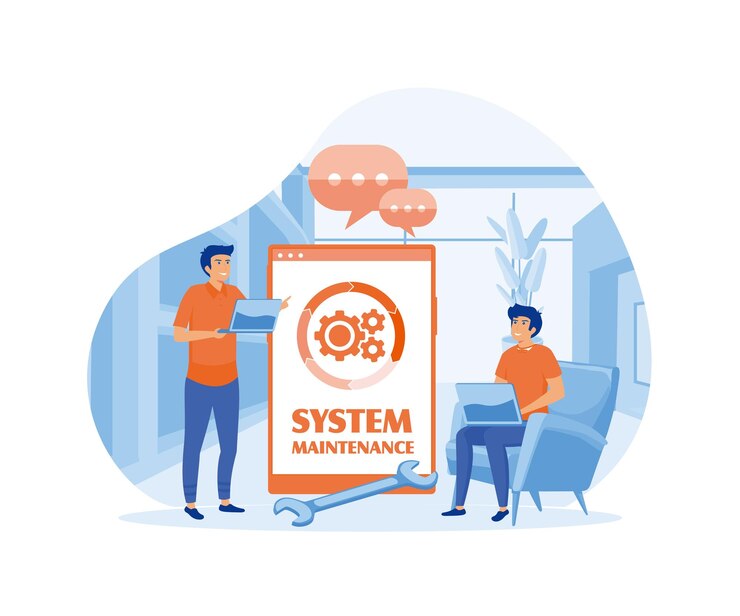 Vector programa de actualización de mantenimiento del sistema y error del ingeniero de tecnología de aplicaciones al solucionar un problema