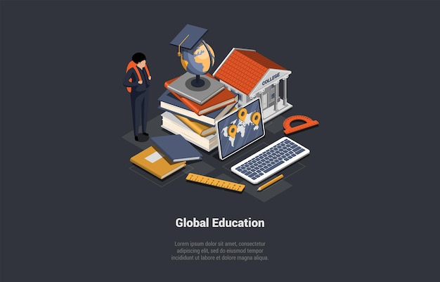 Programa de certificado de posgrado a distancia de aprendizaje electrónico Niño estudiante con mochila cerca de la pila de libros Globo Computadora Edificio universitario Curso de educación en Internet Grado Isométrico 3D Vector Ilustración