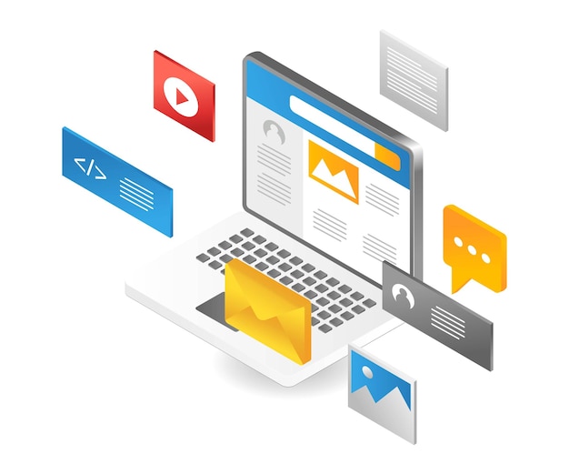 Programa de datos de aplicación de computadora de concepto de ilustración isométrica plana