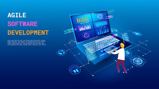 Programa de datos de software API lenguaje de código Java tecnología de red 3D pantalla de monitor brillante programación de desarrollo de negocios y procesamiento de información diseño vectorial concepto aislado