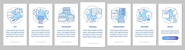 Programa después de la escuela incorporando la pantalla de la página de la aplicación móvil con conceptos lineales. Materias escolares pasos instrucciones gráficas. Educación extraescolar. UX, UI, plantilla vectorial GUI con ilustraciones