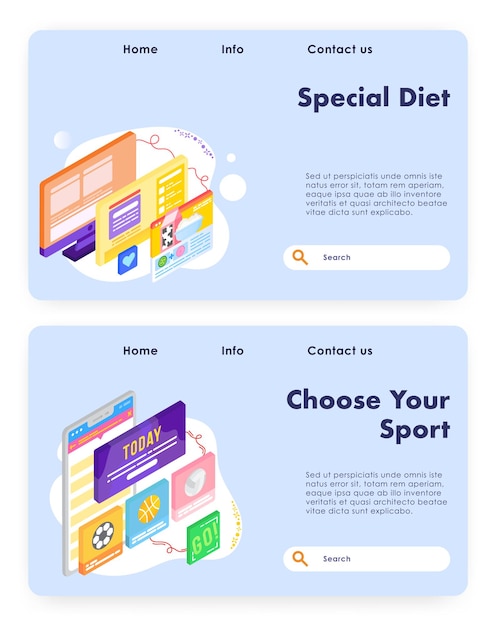 Programa de dieta saludable productos lácteos elige tu deporte hoy vector plantilla de diseño de sitio web lan...