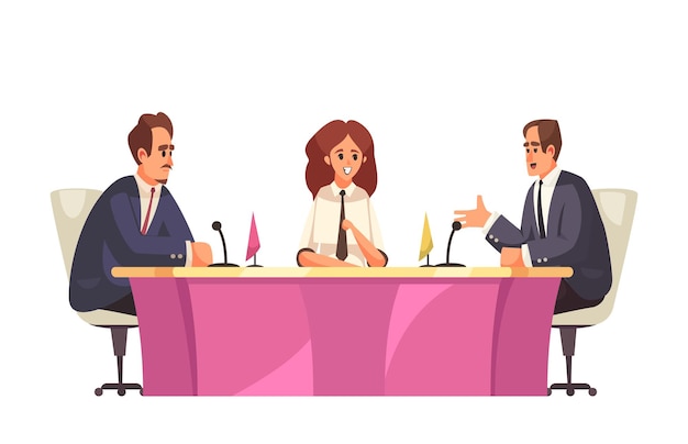 Programa de entrevistas político con vista a la mesa de reuniones con políticos hablando en micrófonos ilustración