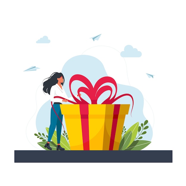 Programa de fidelización para el concepto de clientes habituales. concepto de negocio. mujer tiene caja de regalo grande. mujer con caja de regalo. regalo para las vacaciones. chica de pie junto a un gran regalo. ilustración vectorial