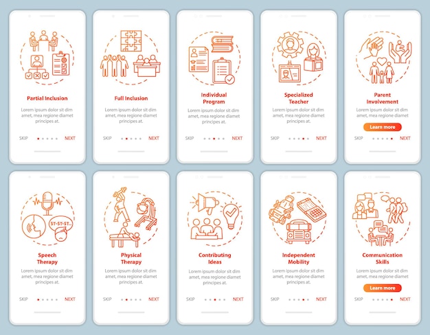 Programa inclusivo que incorpora la pantalla de la página de la aplicación móvil con el conjunto de conceptos. terapia y educación para personas con discapacidad paso a paso instrucciones gráficas. plantilla de vector de interfaz de usuario con ilustraciones en color rgb