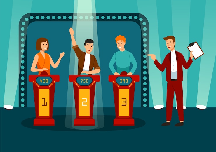 Vector programa de juegos de televisión con tres participantes respondiendo preguntas o resolviendo acertijos y anfitrión