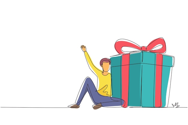 Programa de lealtad de dibujo de línea continua para clientes regulares El hombre de negocios tiene una gran caja de regalos.