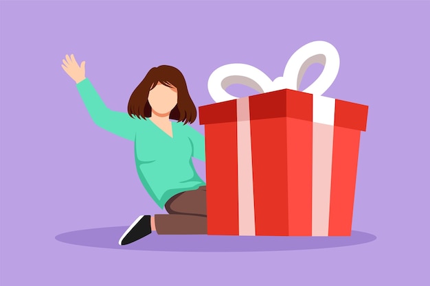Programa de lealtad de dibujo plano de personajes para clientes regulares Mujer de negocios sostiene una gran caja de regalos de la oficina para las vacaciones Chica bonita feliz de pie junto a un gran regalo Ilustración vectorial de diseño de dibujos animados
