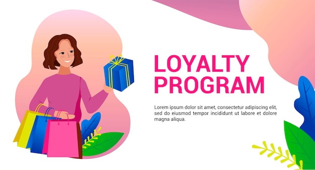 Programa de lealtad Hermosa mujer hacer compras y celebración de regalo