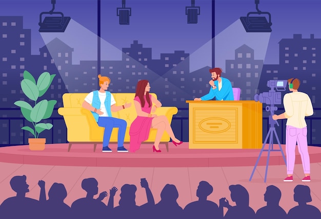 Programa nocturno de televisión presentador presentador charla con personalidad de celebridad en la audiencia del estudio entrevista de programa de entrevistas en vivo en la ilustración de vector elegante de entretenimiento de medios de cámara