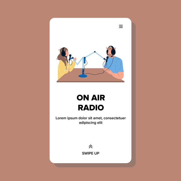 Vector en el programa de radio del aire hombre y mujer discutiendo vector. niño y niña con auriculares hablando en micrófono en el aire. personajes trabajadores de los medios de comunicación difundiendo juntos web ilustración de dibujos animados plana