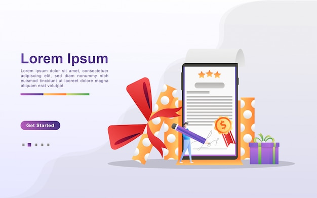 Programa de recompensas y obtén el concepto de regalo. La gente gana sorteos, programas de devolución de efectivo, recompensas para clientes leales, ofertas atractivas. Se puede usar para la página de destino web, banner, aplicación móvil.