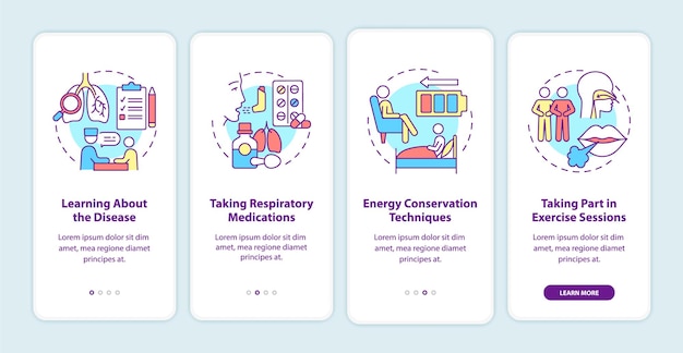 Programa de rehabilitación pulmonar que incorpora la pantalla de la página de la aplicación móvil. tutorial de tratamiento instrucciones gráficas de 4 pasos con conceptos. ui, ux, plantilla de vector de gui con ilustraciones en colores lineales