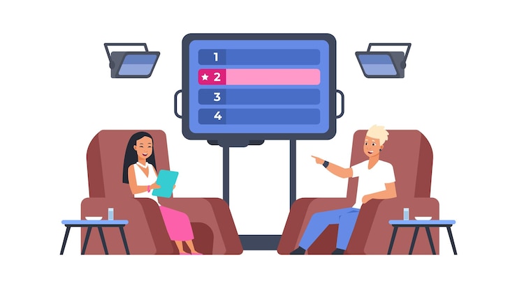 Vector programa de televisión presentador haciendo preguntas de prueba el hombre da respuestas programa de televisión intelectual personas sentadas en sillones en el estudio pantalla de opción múltiple concepto de juego de erudición vectorial