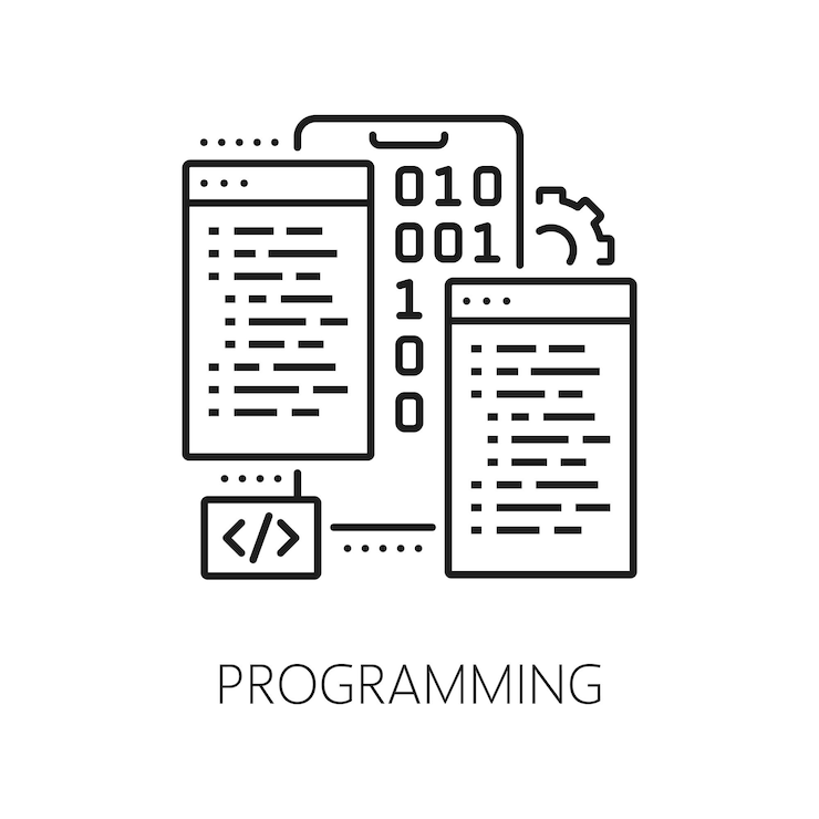 Vector programación de aplicaciones web desarrollar y optimización icono para ingeniería de software tecnología vector de línea software de computadora aplicación móvil y sitio web ui o ux marco de programación y codificación icono