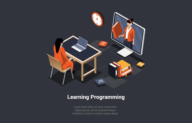 Programación y codificación Aprendizaje Soluciones innovadoras de Big Data Herramientas y programación e información Niña estudiante Aprende codificación y programación con profesor virtual Isométrico 3d Vector Ilustración