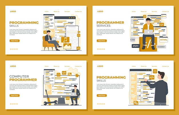 Programación codificación desarrollo de software plantillas de página de aterrizaje para la página web del sitio web Vector